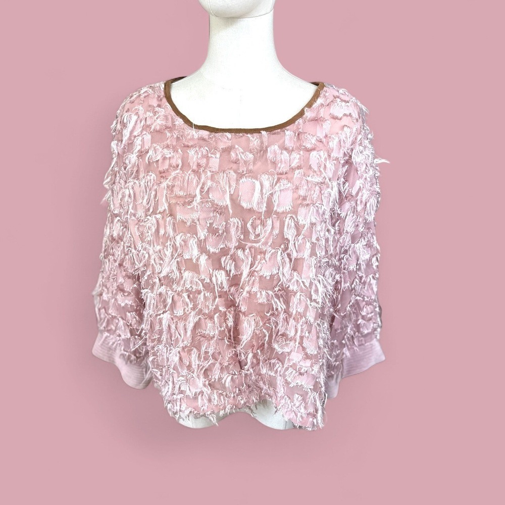 THML Pink Sheer Fringe Embellished Overlay Round Neck 3/4 Sleeve Top M